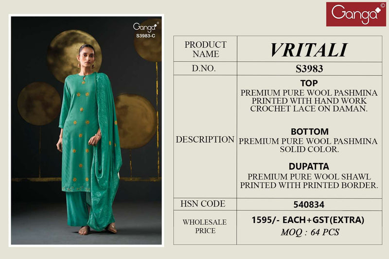 Ganga Fashion Vritali 3983 Pure Wool Pashmina Embroidered Work Winter Suit
