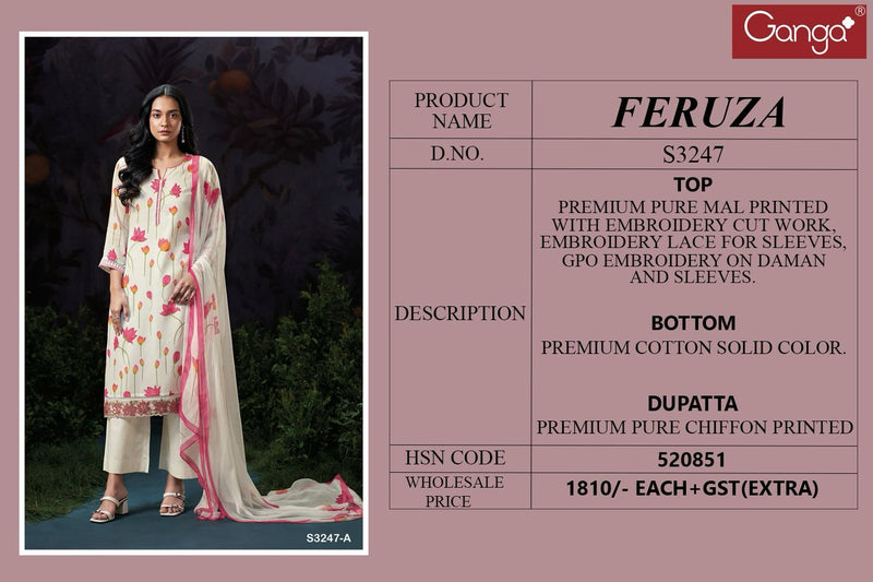 Ganga Feruza 3247 Pure Mal Printed Embroidery Work Salwar Suit