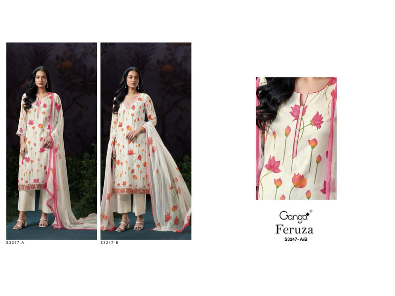 Ganga Feruza 3247 Pure Mal Printed Embroidery Work Salwar Suit