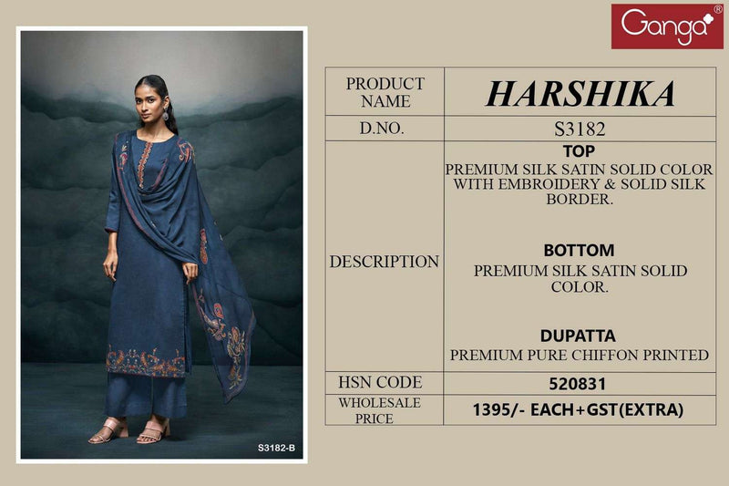 Ganga Harshika 3182 Premium Silk Embroidery Work Salwar Suit