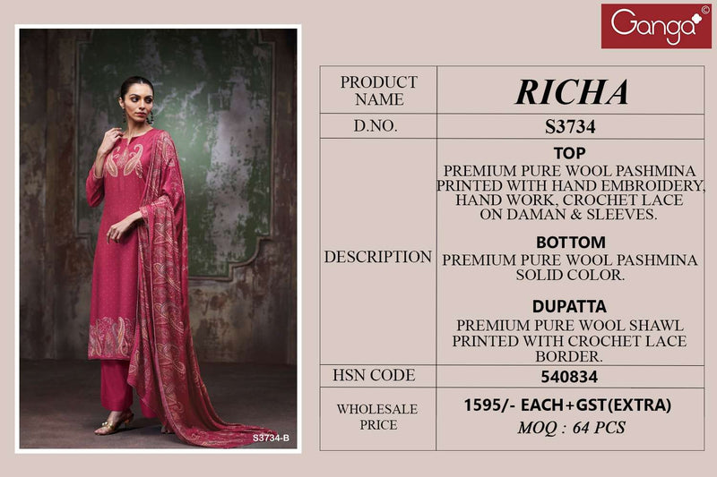Ganga Richa 3734 Pure Wool Shawl Suit Hand Embroidered Winter Collection
