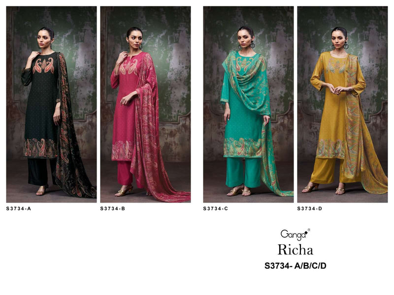 Ganga Richa 3734 Pure Wool Shawl Suit Hand Embroidered Winter Collection