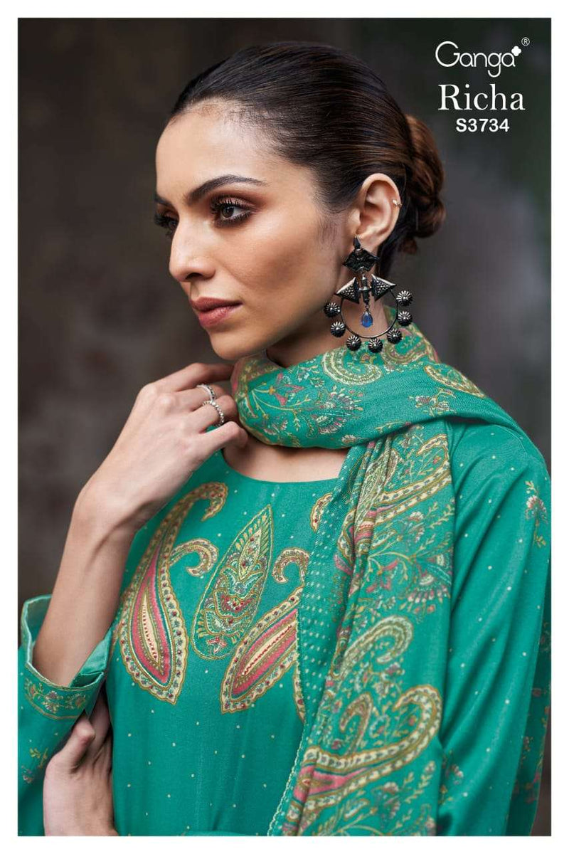 Ganga Richa 3734 Pure Wool Shawl Suit Hand Embroidered Winter Collection