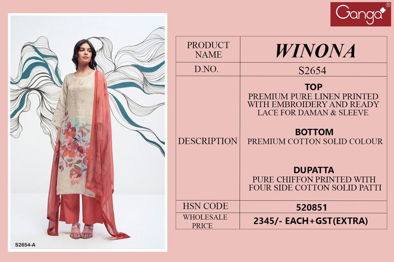 Ganga Suit Winona 2654 Premium Linen Embroidery Work Salwar Suit