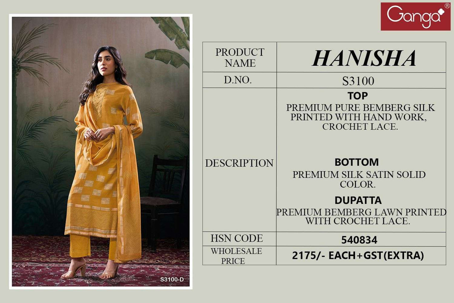 Ganga Suits Hanisha 3100 Premium Bemberg Silk Printed Handwork Suit