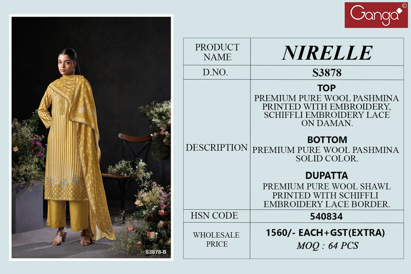 Ganga Suits Nirelle 3878 Pure Wool Pashmina Embroidered Schiffli Work Salwar Suit
