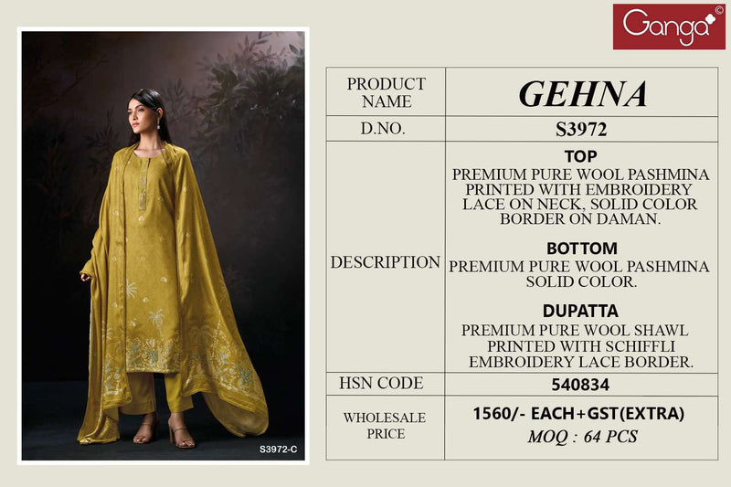 Ganga Fashion Gehna 3972 Premium Pashmina Embroidered Salwar Kameez