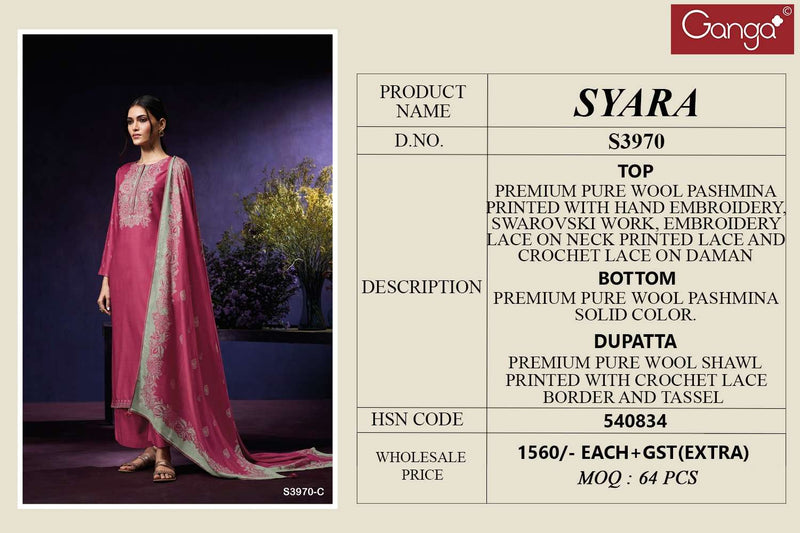 Ganga Suits Syara 3970 Premium Pashmina Printed Embroidered Salwar Kameez
