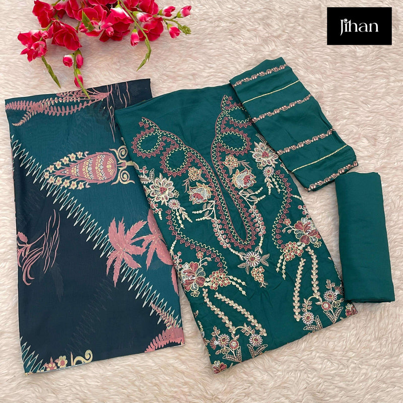 Jihan Riwayat Luxury Lawn Collection  Rayon With Heavy Self Embroidery Various Patches Salwar Kameez