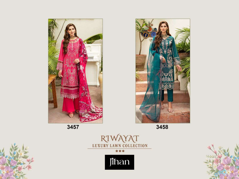 Jihan Riwayat Luxury Lawn Collection  Rayon With Heavy Self Embroidery Various Patches Salwar Kameez