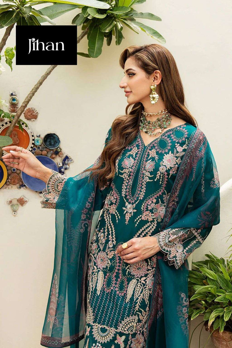 Jihan Riwayat Luxury Lawn Collection  Rayon With Heavy Self Embroidery Various Patches Salwar Kameez