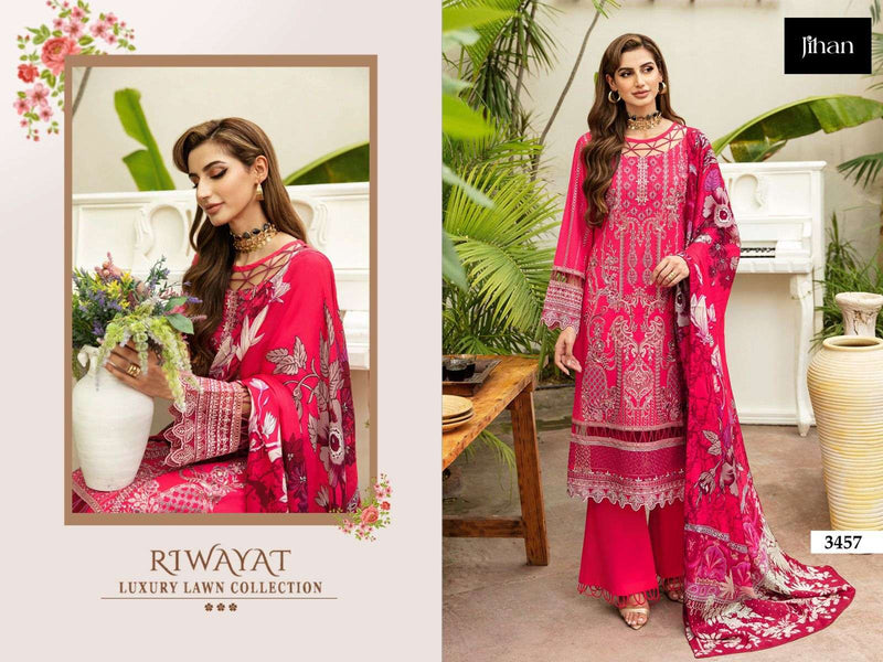 Jihan Riwayat Luxury Lawn Collection  Rayon With Heavy Self Embroidery Various Patches Salwar Kameez