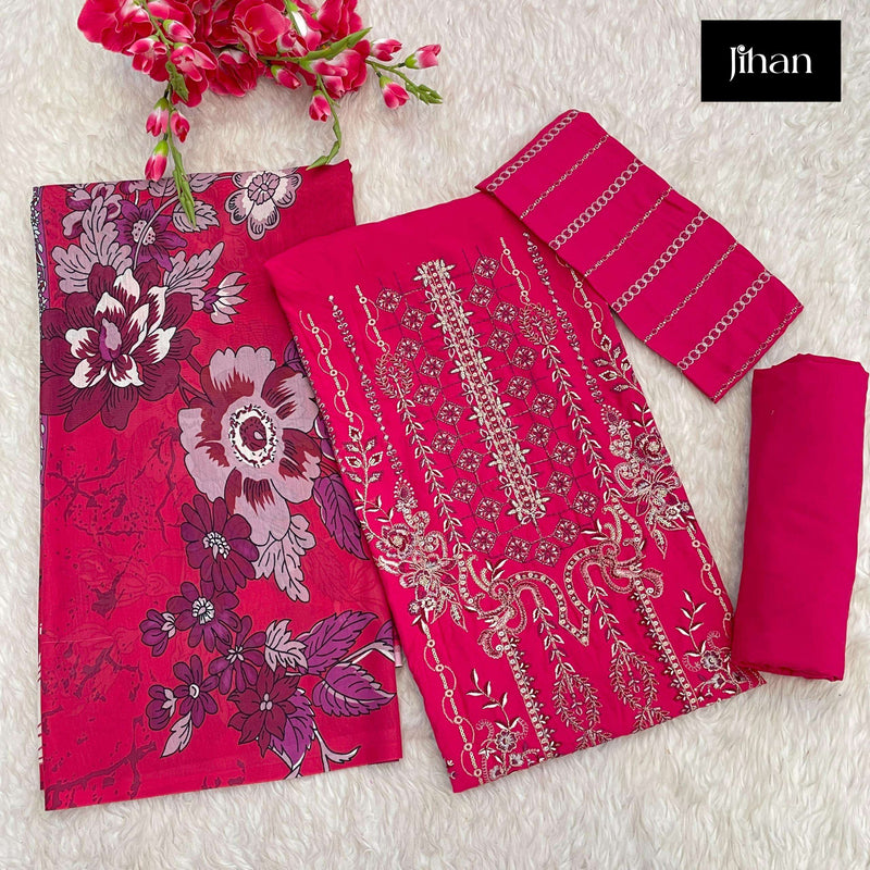 Jihan Riwayat Luxury Lawn Collection  Rayon With Heavy Self Embroidery Various Patches Salwar Kameez