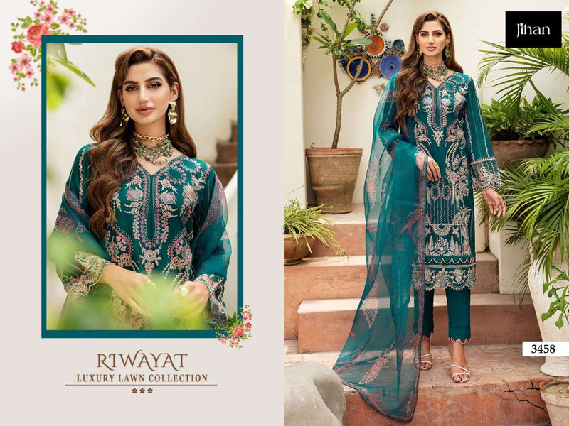 Jihan Riwayat Luxury Lawn Collection  Rayon With Heavy Self Embroidery Various Patches Salwar Kameez