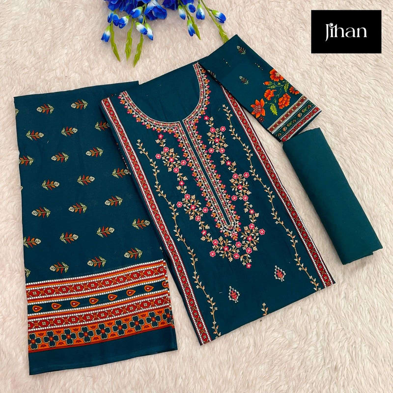 Jihan Scarlet Nx Lawn Cotton Print With Exclusive Heavy Self Embroidery Salwar Kameez