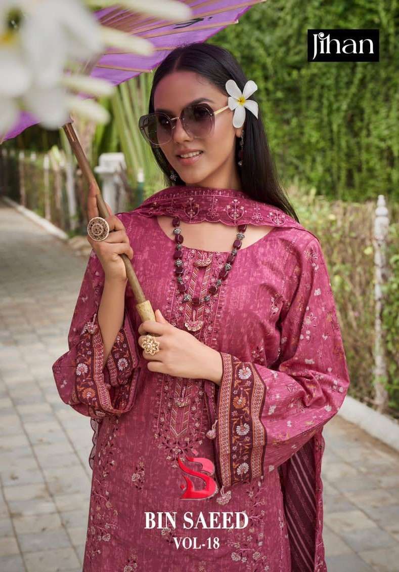 Jihan Bin Saeed Vol 18 Pure Lawn Print Embroidered Work Salwar Kameez