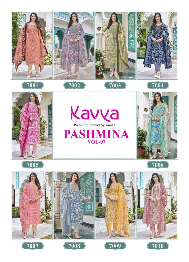 Kavya Pashmina Vol 7 Cotton With Cotton Lining And Embroidery Neck Combo Set Kurti