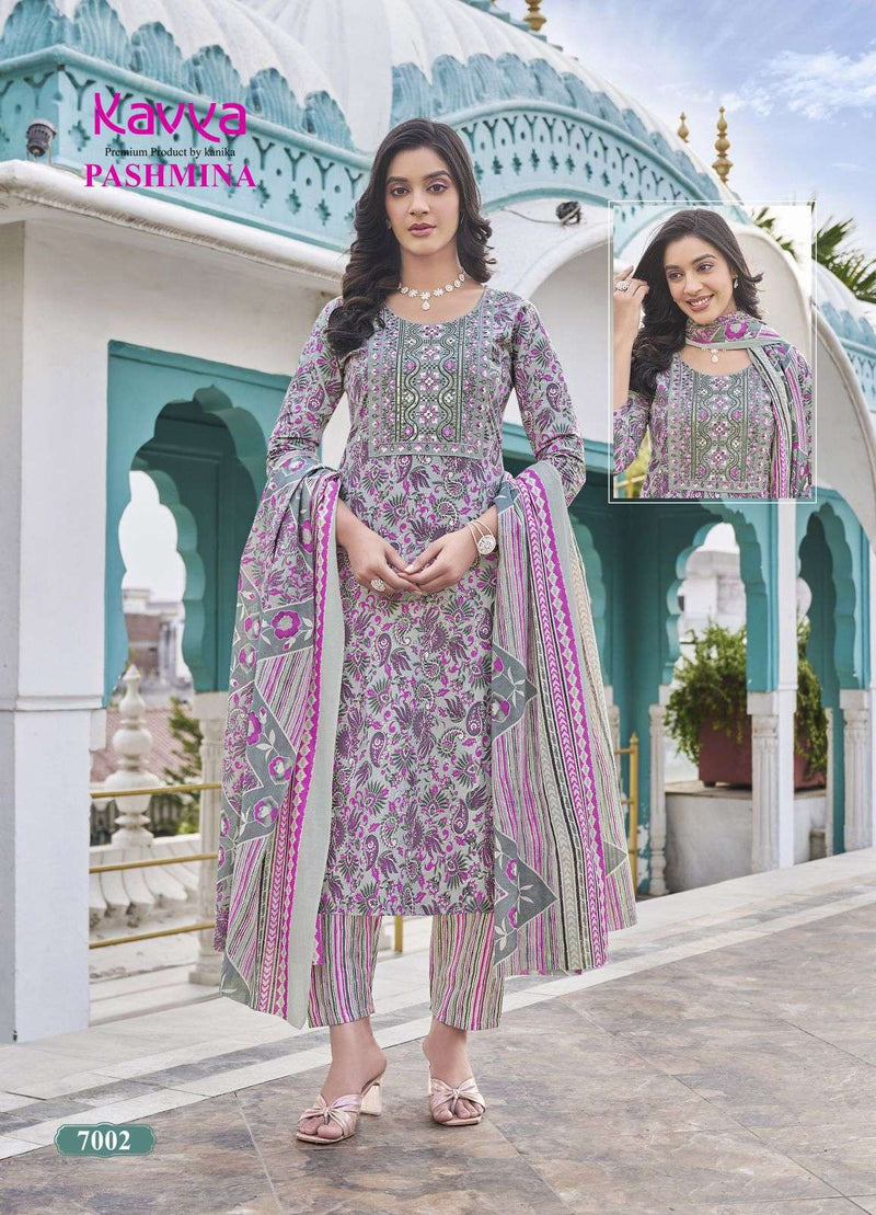 Kavya Pashmina Vol 7 Cotton With Cotton Lining And Embroidery Neck Combo Set Kurti