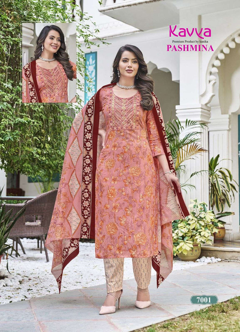 Kavya Pashmina Vol 7 Cotton With Cotton Lining And Embroidery Neck Combo Set Kurti