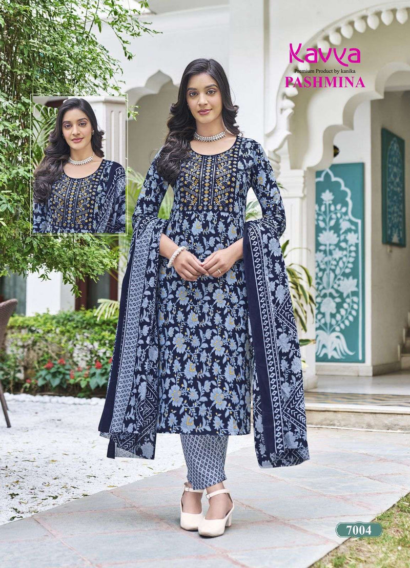 Kavya Pashmina Vol 7 Cotton With Cotton Lining And Embroidery Neck Combo Set Kurti