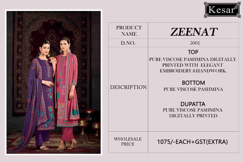 Kesar Karachi Zeenat 5001 Embroidered Digital Printed Pashmina Dress Material