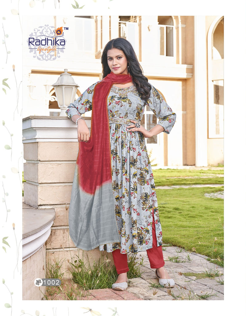 Radhika Lifestyle Limelight Vol 1 Rayon Foil Printed Embroidery Work Fancy Kurti