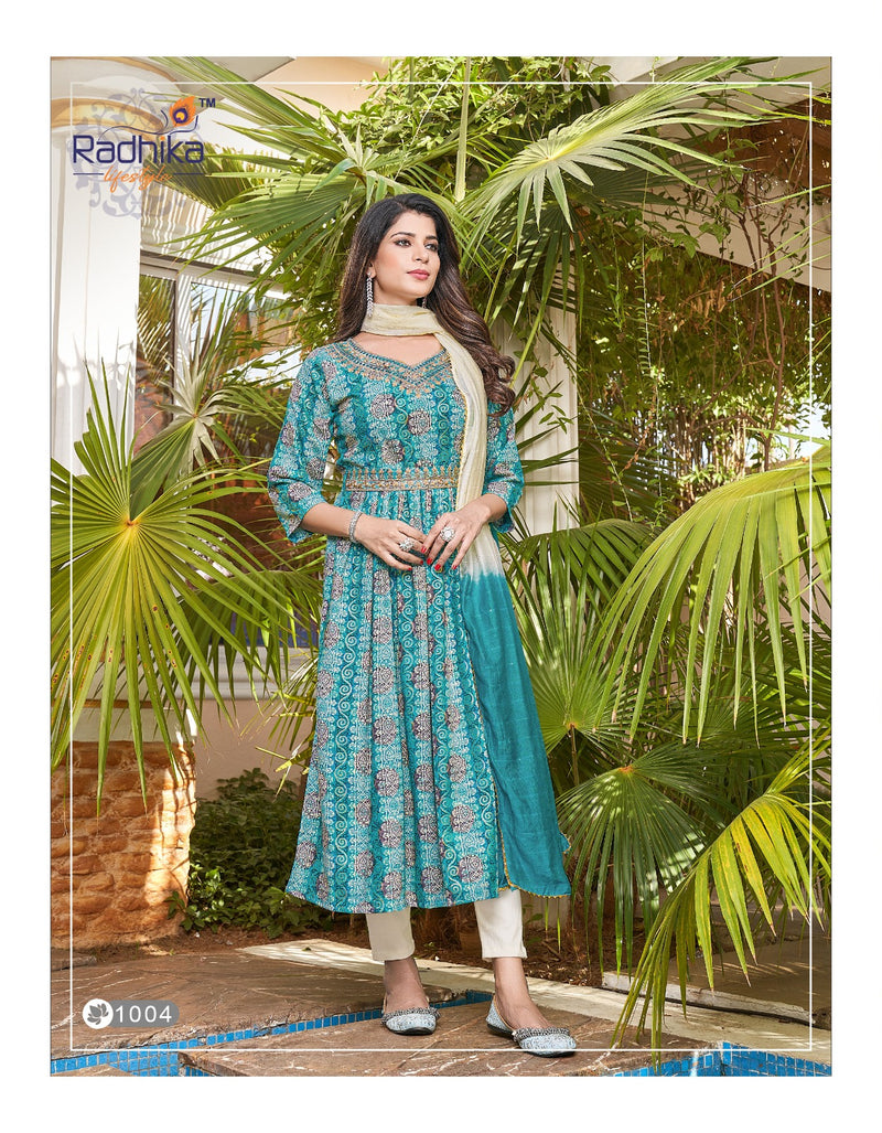 Radhika Lifestyle Limelight Vol 1 Rayon Foil Printed Embroidery Work Fancy Kurti