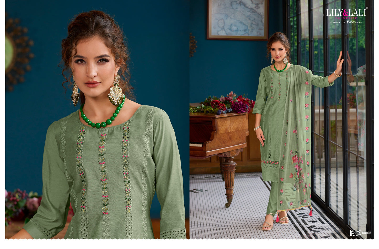 Lily And Lali Lucknowi Nx Silk With Exclusive Work Fancy Kurti Combo Set