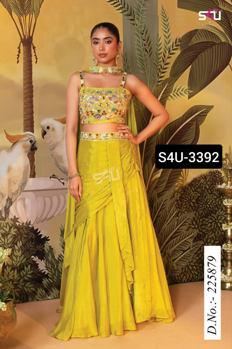 Lime Glow Embroidered Crop Top Lehenga Set – S4U 3392
