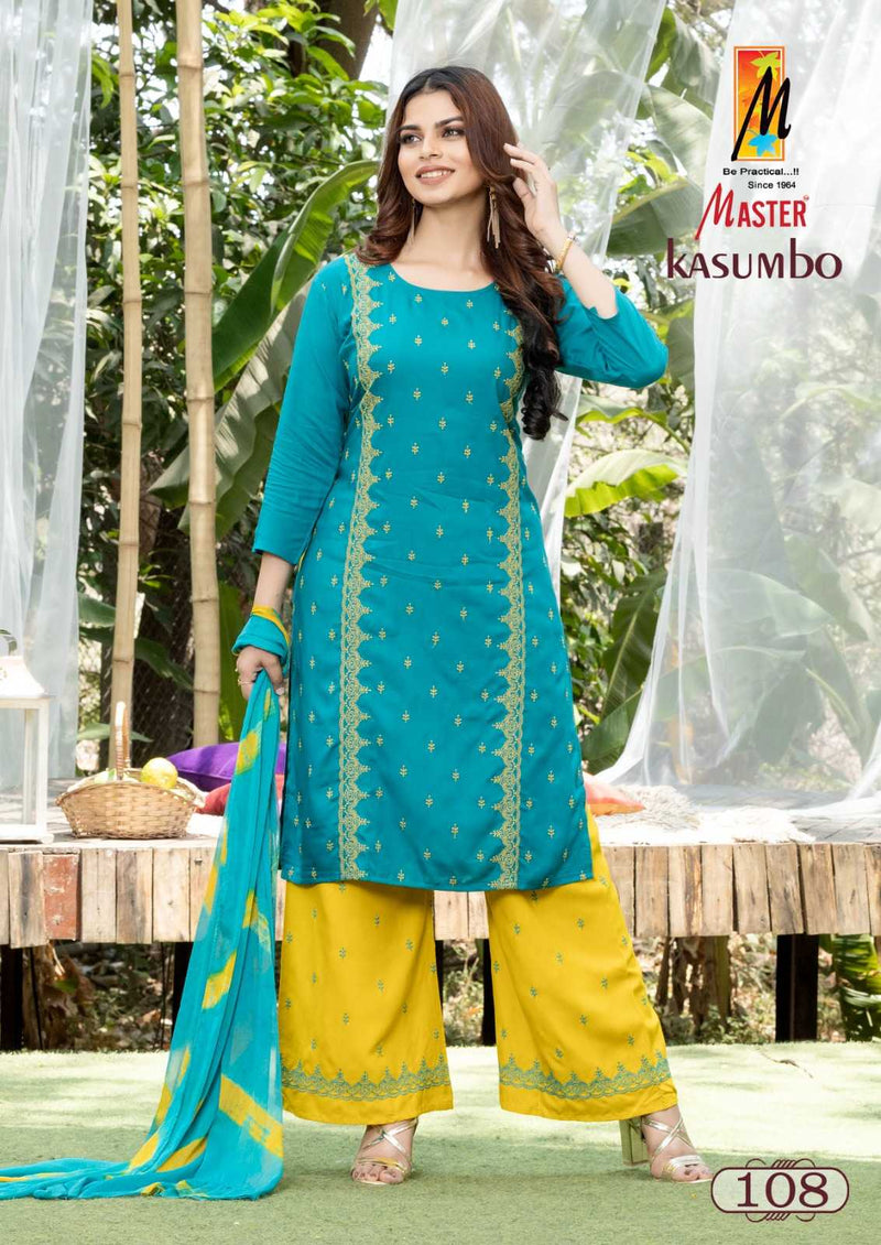 Master Kurti Kasumho Plazo Rayon Fancy Designer Work Of  Kurti