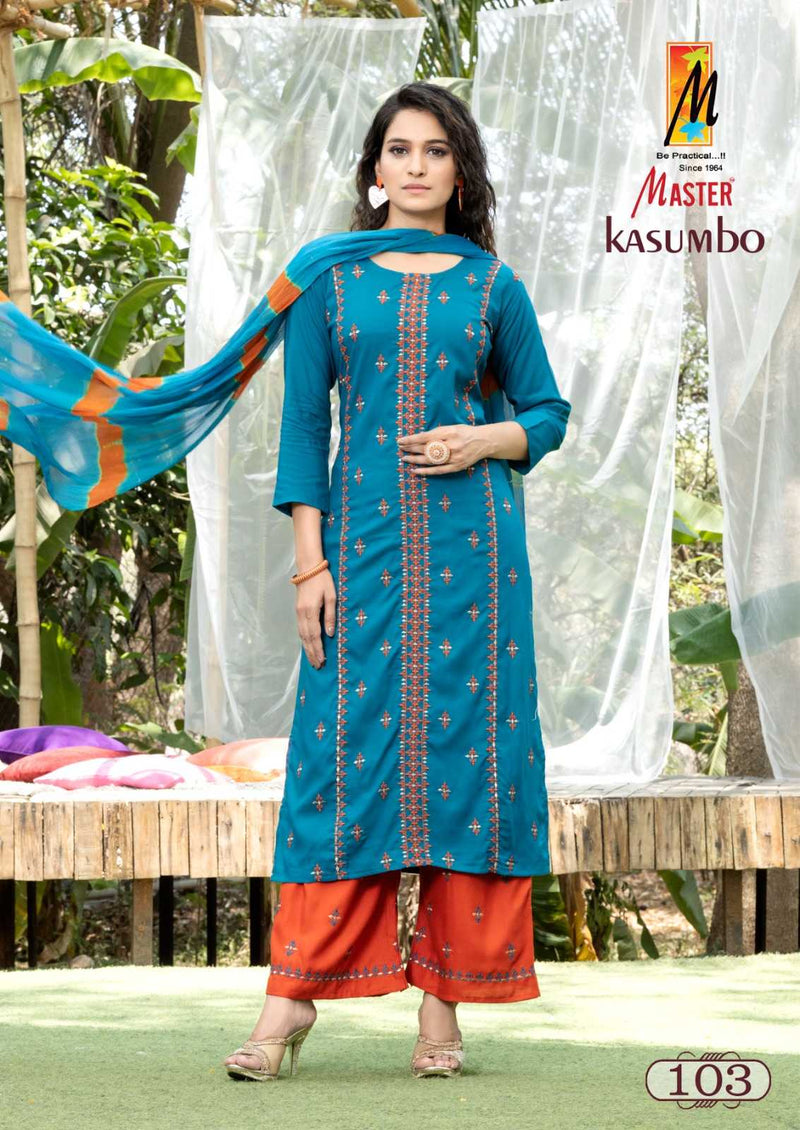 Master Kurti Kasumho Plazo Rayon Fancy Designer Work Of  Kurti