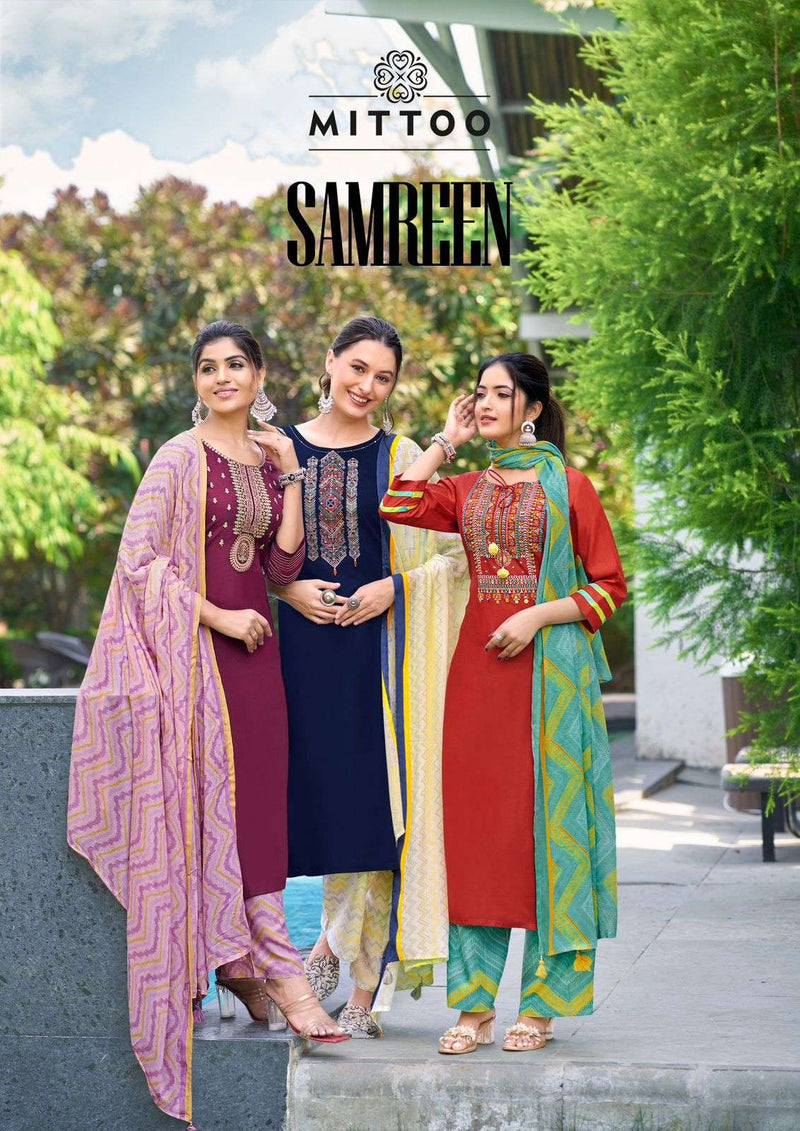 Mittoo Samreen Rayon Digital Printrd Heavy Designer Thread Handwork Combo Set Of Kurti