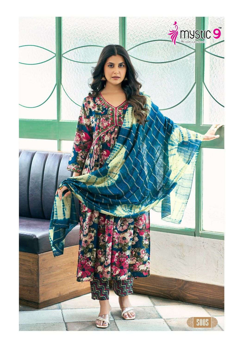 Mystic 9 Pooja Vol 5 Fancy Heavy Foil Print Fabric Aliya Stitched With Embroidery Combo Set Of Kurti