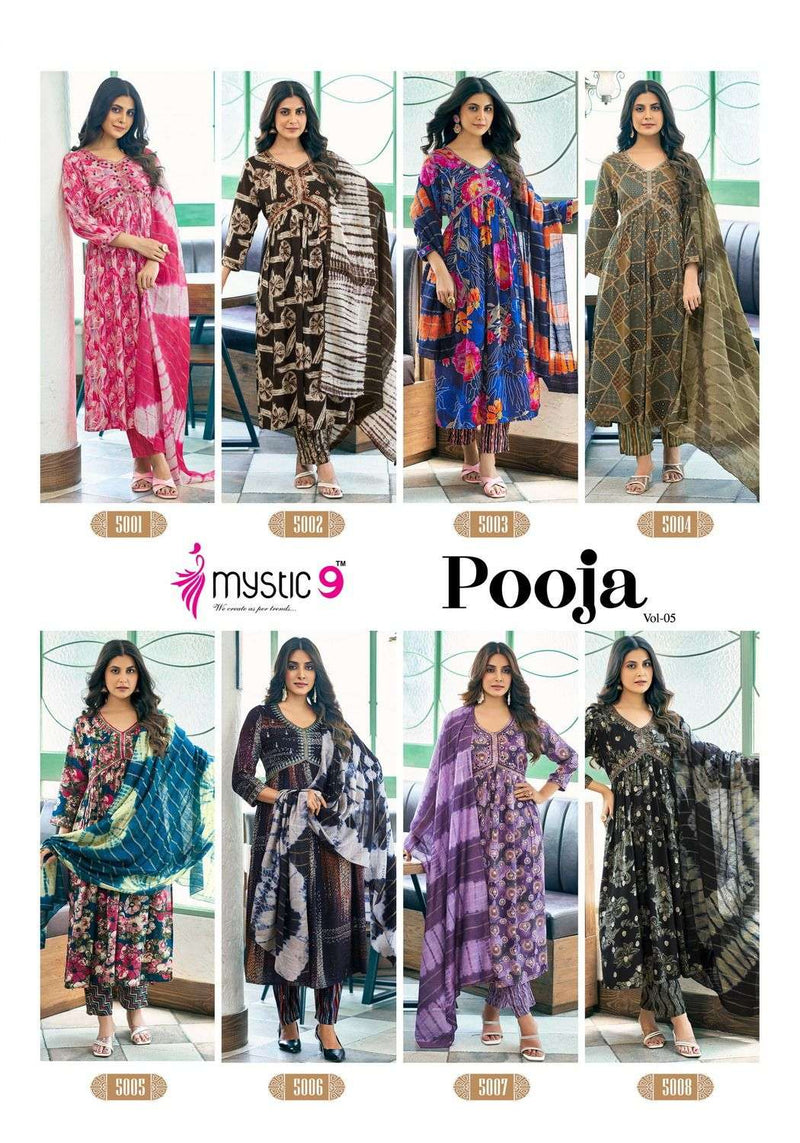 Mystic 9 Pooja Vol 5 Fancy Heavy Foil Print Fabric Aliya Stitched With Embroidery Combo Set Of Kurti