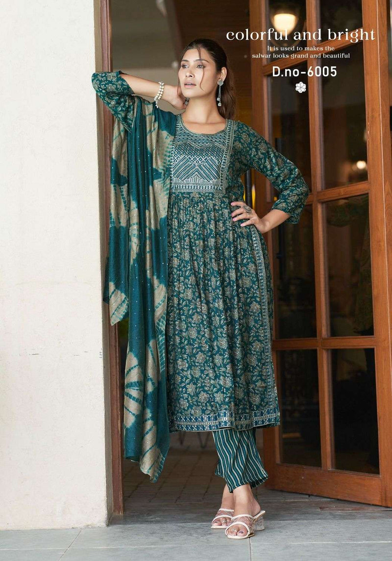 Mystic 9 Sara Vol 6 Rayon Foil Print With Embroidery Work Naira Cut Pattern Combo Set Of Kurti