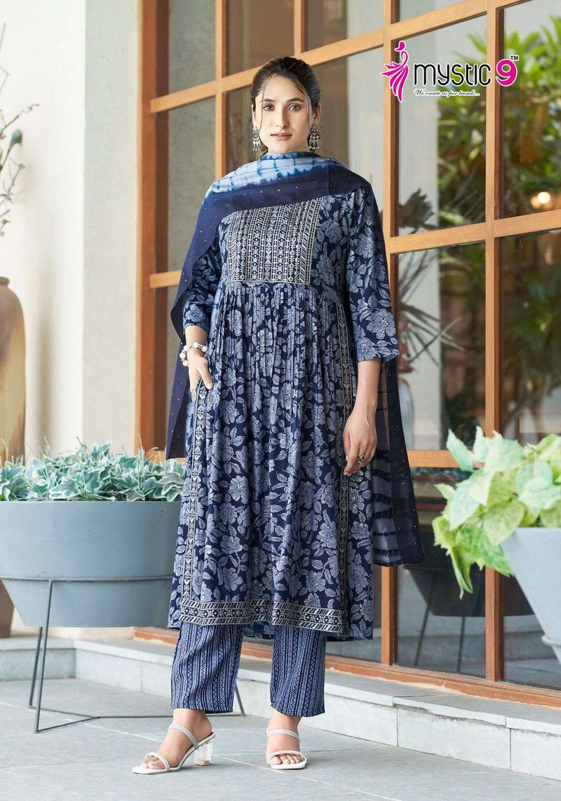 Mystic 9 Sara Vol 6 Rayon Foil Print With Embroidery Work Naira Cut Pattern Combo Set Of Kurti