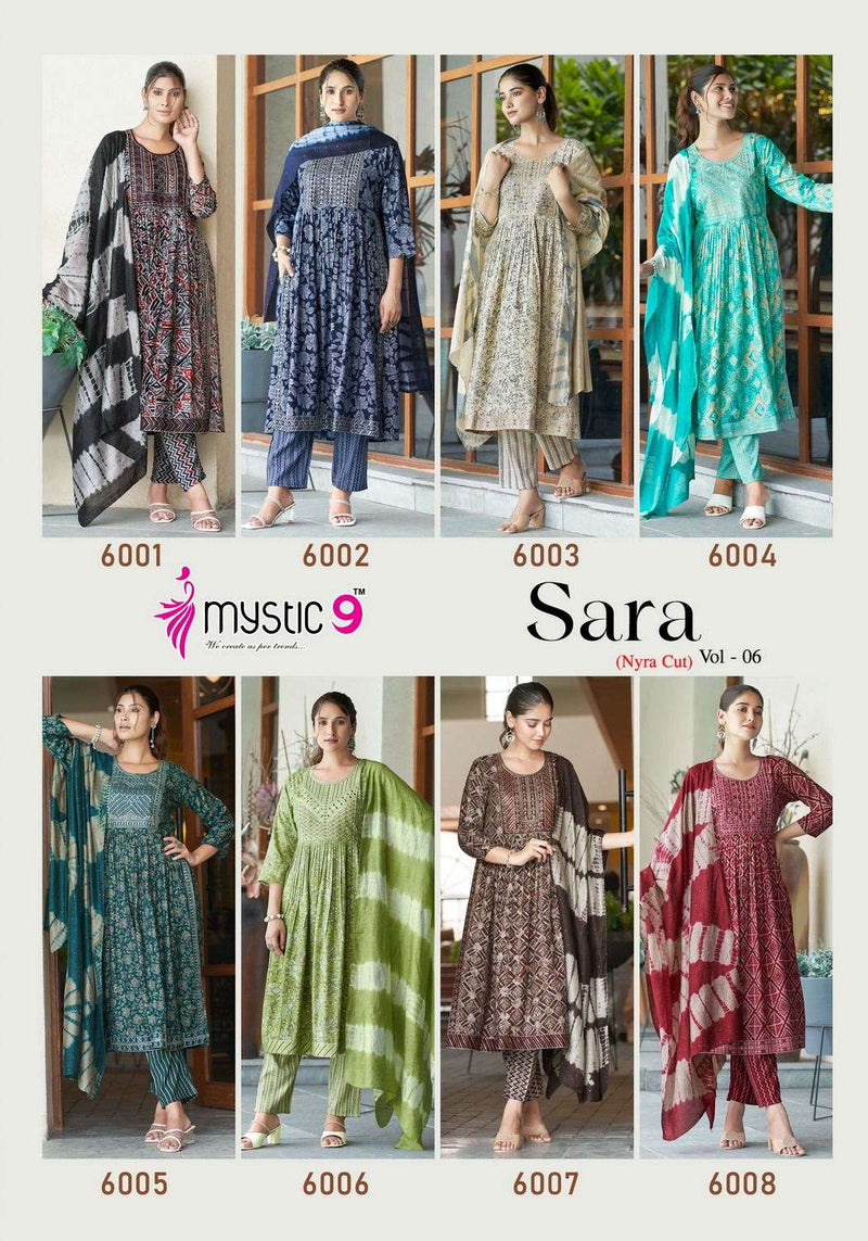 Mystic 9 Sara Vol 6 Rayon Foil Print With Embroidery Work Naira Cut Pattern Combo Set Of Kurti