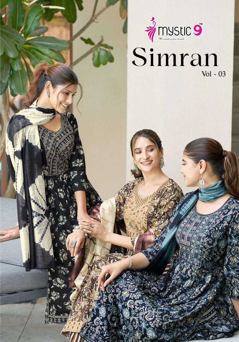 Mystic 9 Simran Vol 3 Rayon Foil Print Naira Cut With Embroidery Work Combo Set Of Kurti