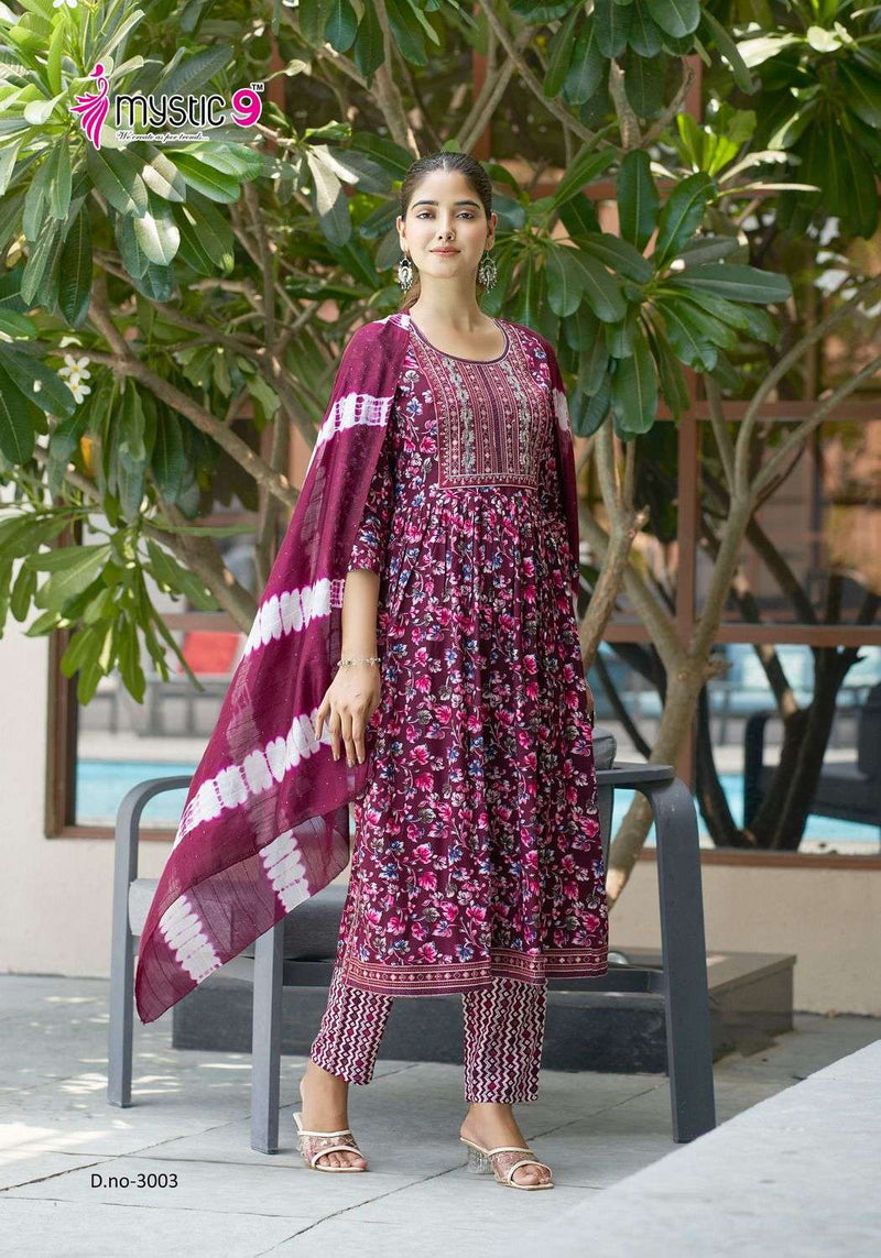 Mystic 9 Simran Vol 3 Rayon Foil Print Naira Cut With Embroidery Work Combo Set Of Kurti