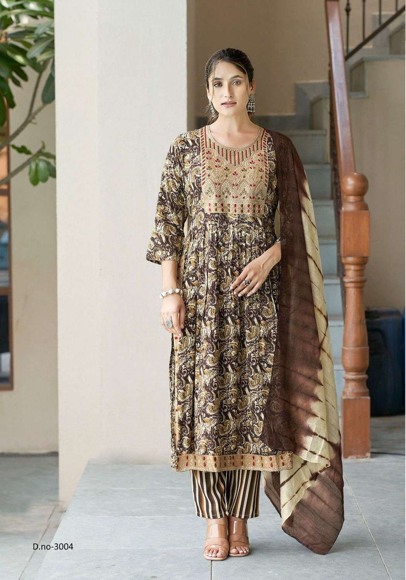 Mystic 9 Simran Vol 3 Rayon Foil Print Naira Cut With Embroidery Work Combo Set Of Kurti