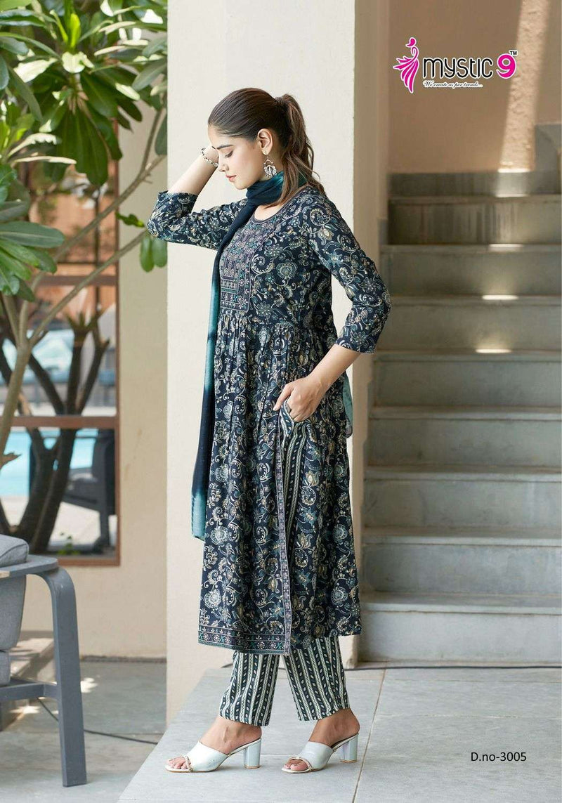 Mystic 9 Simran Vol 3 Rayon Foil Print Naira Cut With Embroidery Work Combo Set Of Kurti