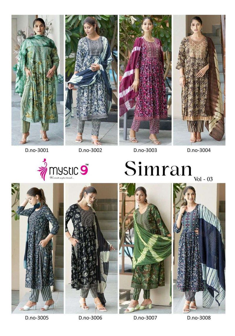 Mystic 9 Simran Vol 3 Rayon Foil Print Naira Cut With Embroidery Work Combo Set Of Kurti