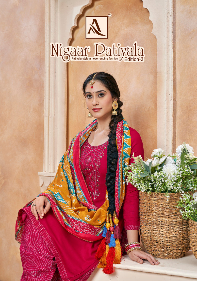 Alok Suits Nigaar Patiyala Vol 3 Rayon Slub Fancy Thered Embroidery Work Suits