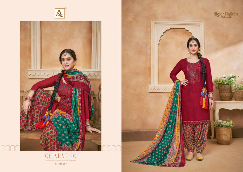 Alok Suits Nigaar Patiyala Vol 3 Rayon Slub Fancy Thered Embroidery Work Suits