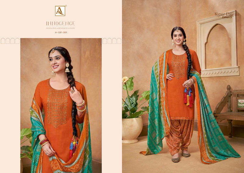 Alok Suits Nigaar Patiyala Vol 3 Rayon Slub Fancy Thered Embroidery Work Suits