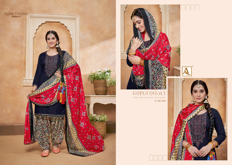 Alok Suits Nigaar Patiyala Vol 3 Rayon Slub Fancy Thered Embroidery Work Suits