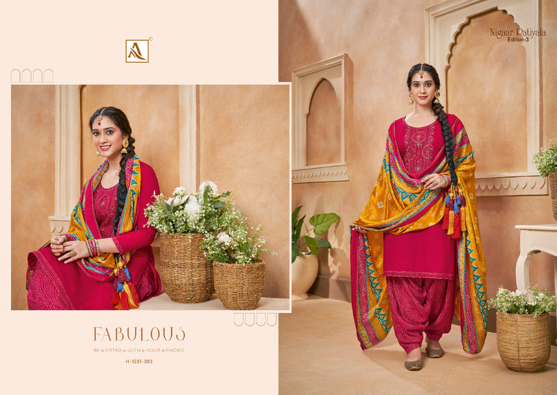 Alok Suits Nigaar Patiyala Vol 3 Rayon Slub Fancy Thered Embroidery Work Suits