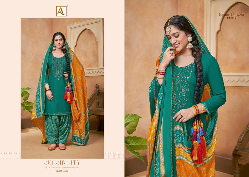 Alok Suits Nigaar Patiyala Vol 3 Rayon Slub Fancy Thered Embroidery Work Suits