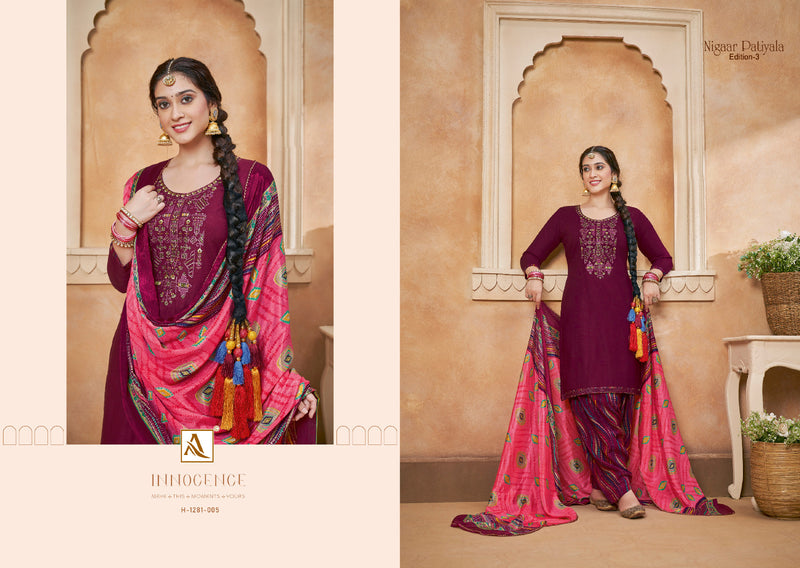 Alok Suits Nigaar Patiyala Vol 3 Rayon Slub Fancy Thered Embroidery Work Suits