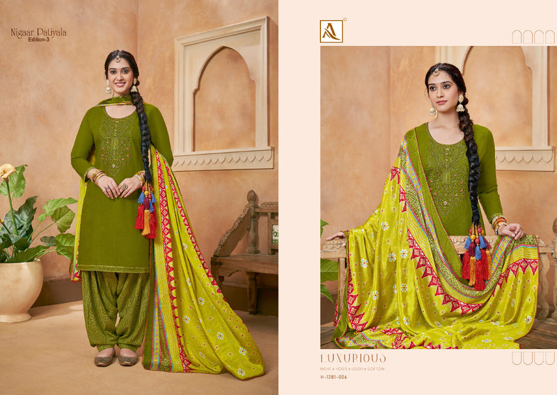 Alok Suits Nigaar Patiyala Vol 3 Rayon Slub Fancy Thered Embroidery Work Suits